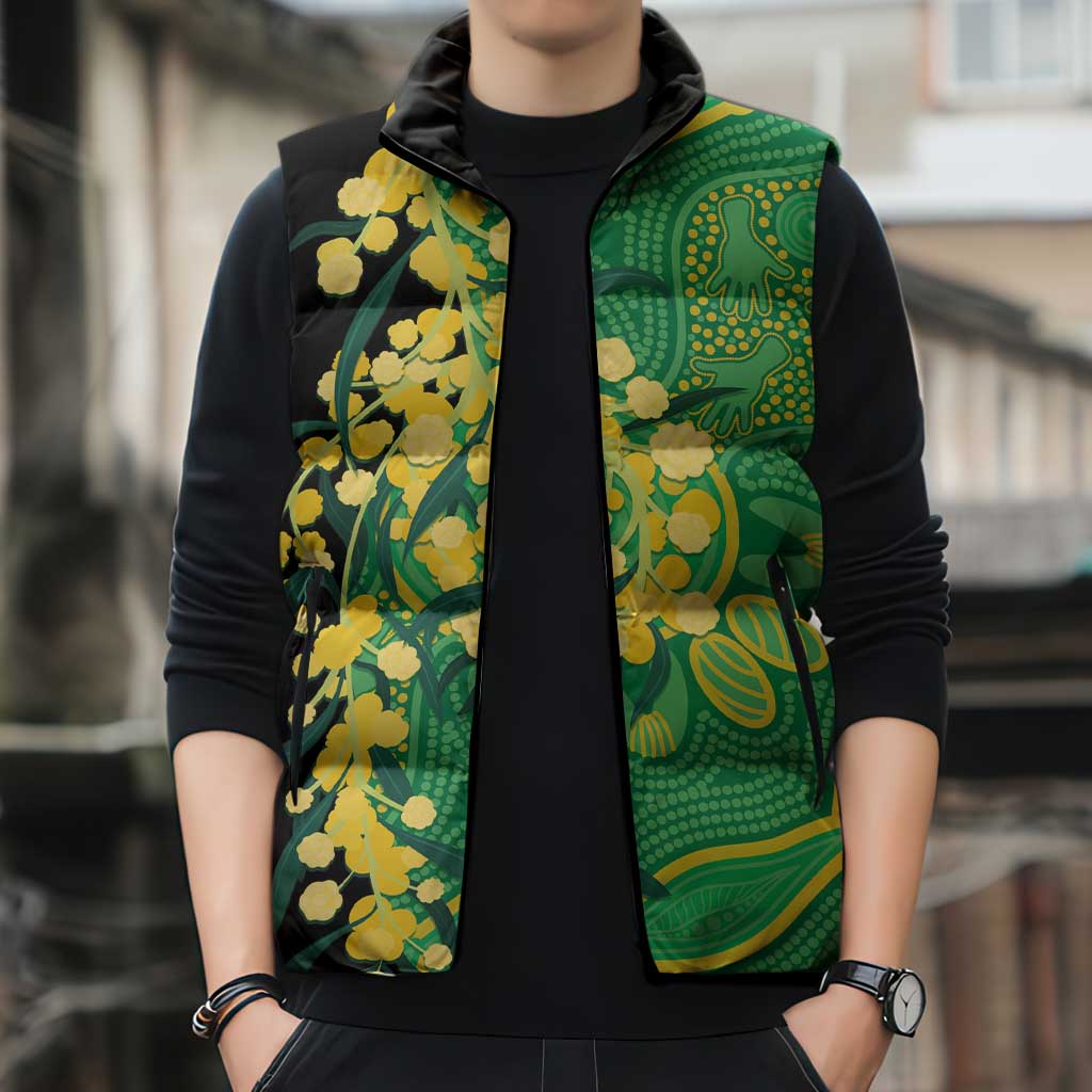 Australia Golden Wattle Sleeveless Puffer Jacket Aussie Native Flowers Indigenous Art - Aussie Hoodie