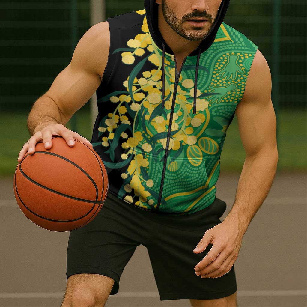 Australia Golden Wattle Sleeveless Zip Hoodie Aussie Native Flowers Indigenous Art LT14