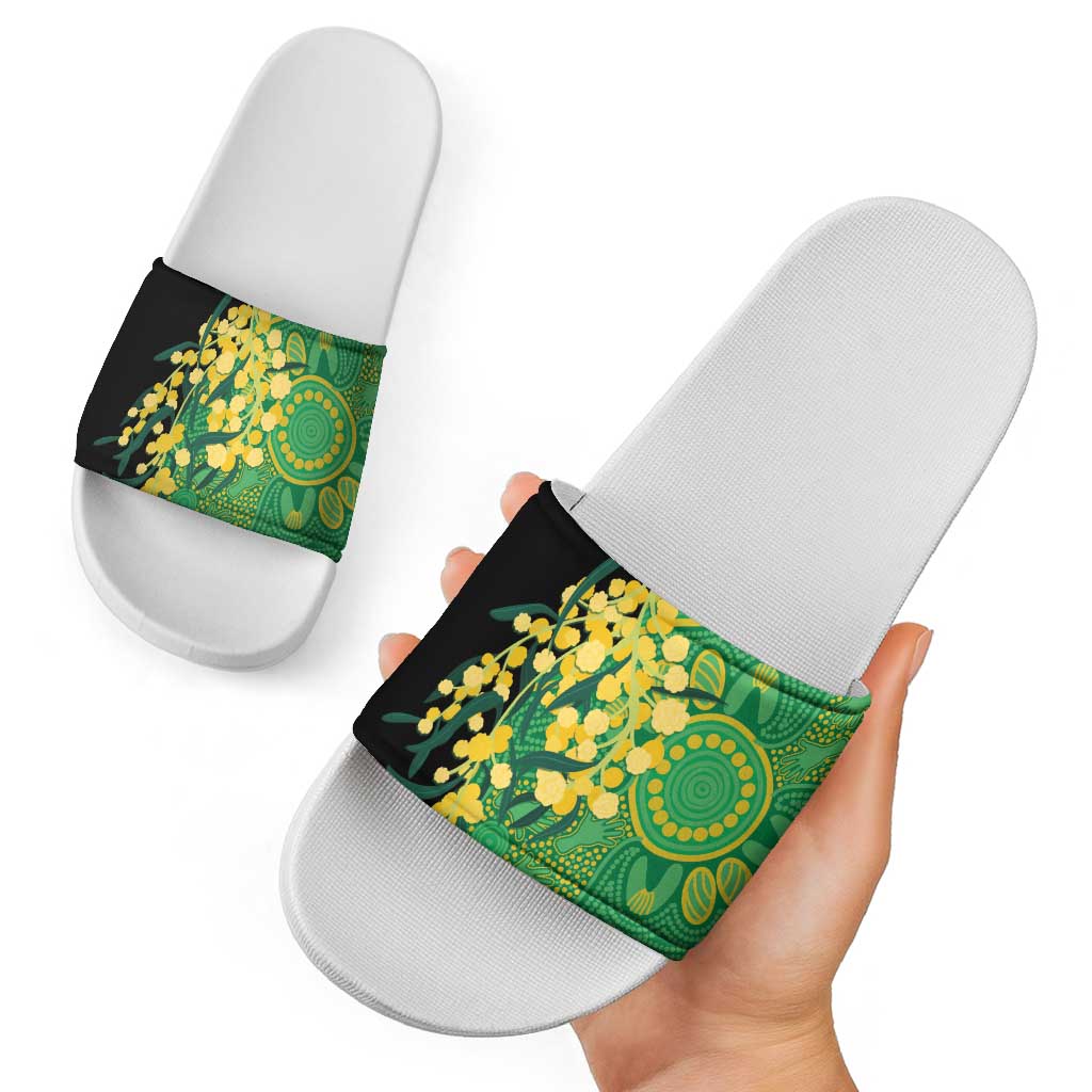 Australia Golden Wattle Slide Sandals Aussie Native Flowers Indigenous Art - Aussie Hoodie