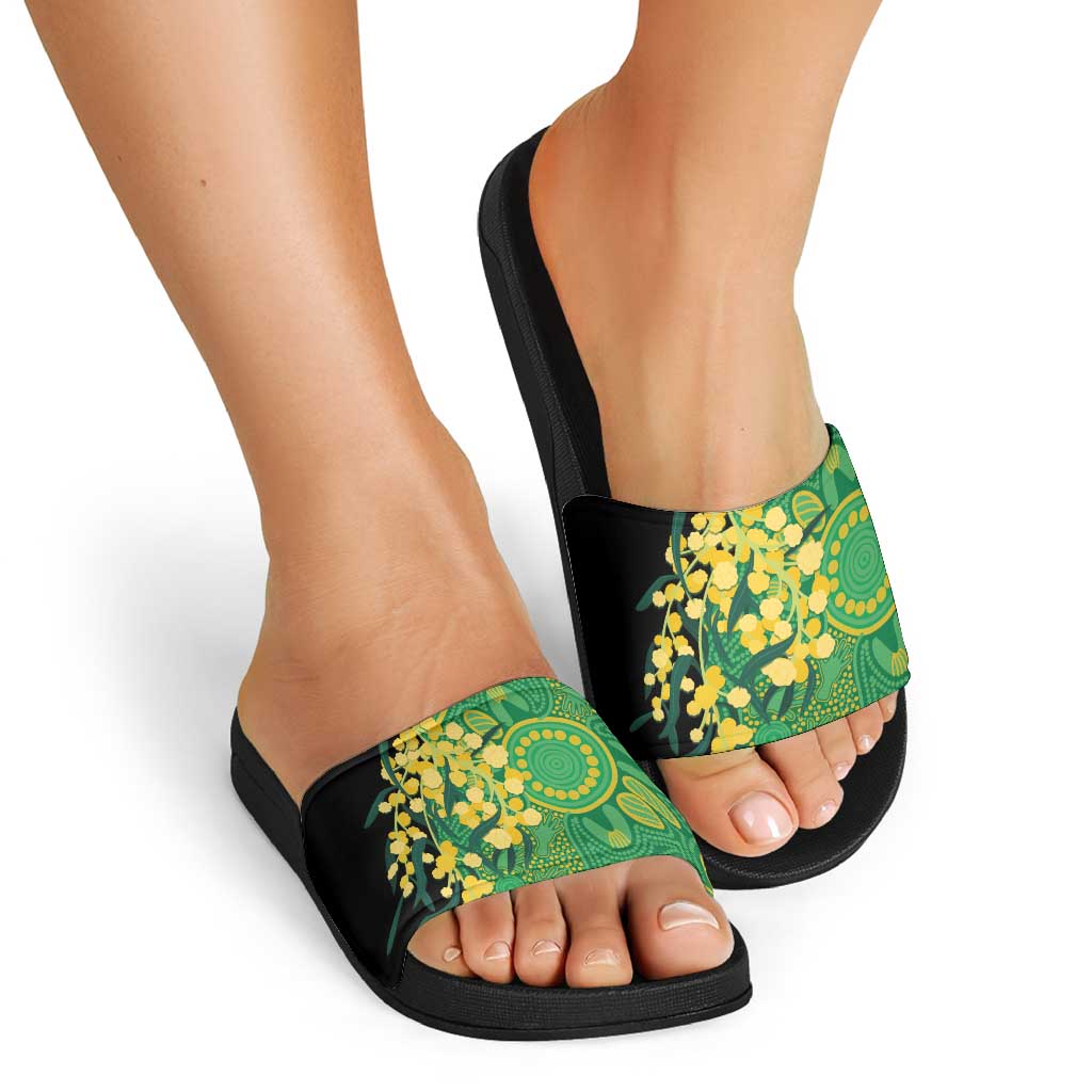 Australia Golden Wattle Slide Sandals Aussie Native Flowers Indigenous Art - Aussie Hoodie