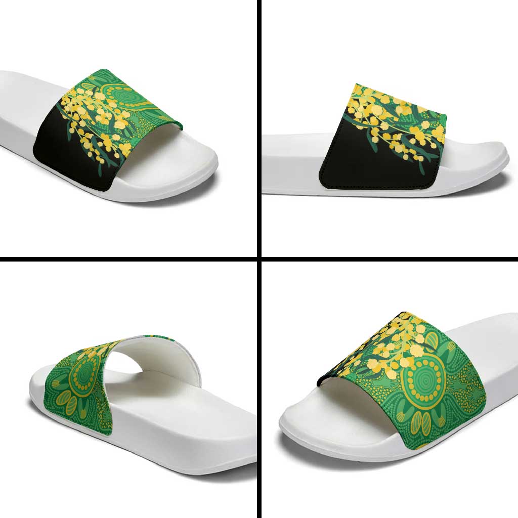 Australia Golden Wattle Slide Sandals Aussie Native Flowers Indigenous Art - Aussie Hoodie