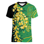 Australia Golden Wattle Women V-Neck T-Shirt Aussie Native Flowers Indigenous Art - Aussie Hoodie