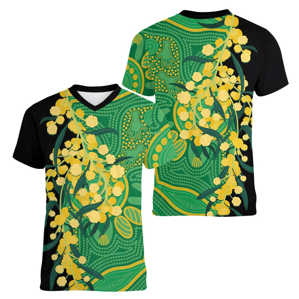 Australia Golden Wattle Women V-Neck T-Shirt Aussie Native Flowers Indigenous Art - Aussie Hoodie