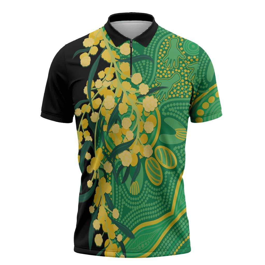 Australia Golden Wattle Zipper Polo Shirt Aussie Native Flowers Indigenous Art - Aussie Hoodie