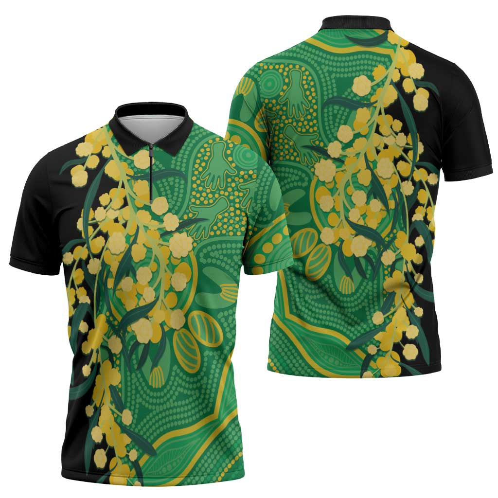Australia Golden Wattle Zipper Polo Shirt Aussie Native Flowers Indigenous Art - Aussie Hoodie