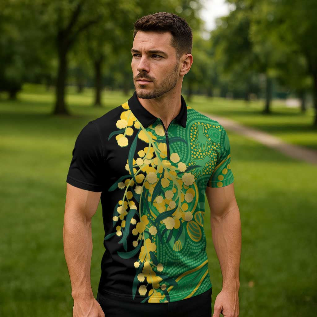 Australia Golden Wattle Zipper Polo Shirt Aussie Native Flowers Indigenous Art - Aussie Hoodie