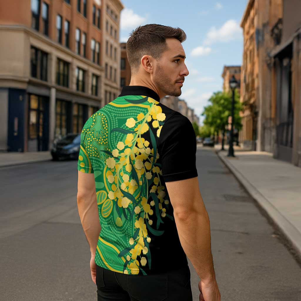 Australia Golden Wattle Zipper Polo Shirt Aussie Native Flowers Indigenous Art - Aussie Hoodie