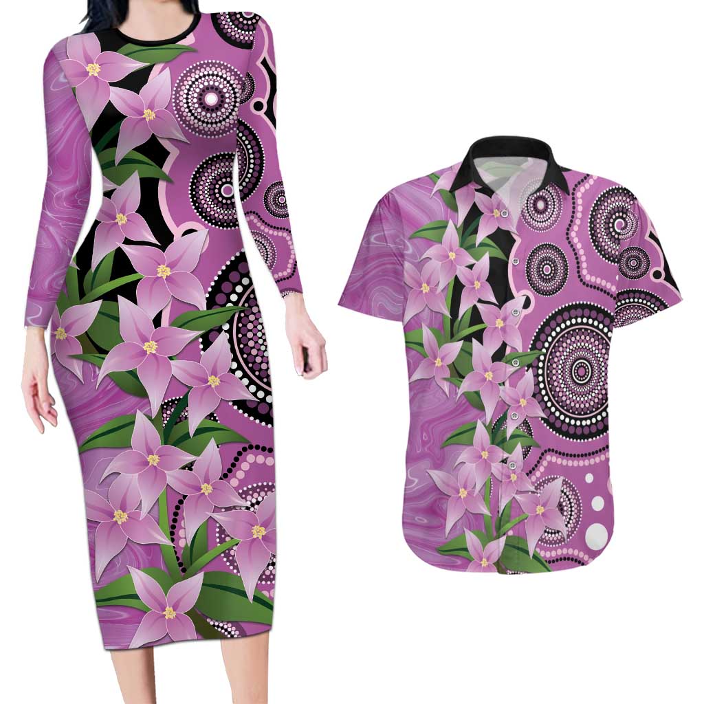 Australia Boronia Couples Matching Long Sleeve Bodycon Dress and Hawaiian Shirt Aussie Native Flowers Indigenous Art - Aussie Hoodie