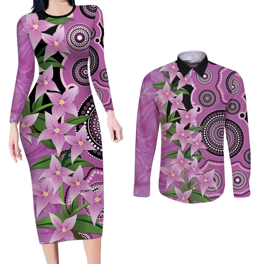 Australia Boronia Couples Matching Long Sleeve Bodycon Dress and Long Sleeve Button Shirt Aussie Native Flowers Indigenous Art - Aussie Hoodie