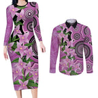 Australia Boronia Couples Matching Long Sleeve Bodycon Dress and Long Sleeve Button Shirt Aussie Native Flowers Indigenous Art - Aussie Hoodie