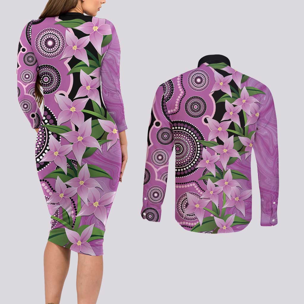 Australia Boronia Couples Matching Long Sleeve Bodycon Dress and Long Sleeve Button Shirt Aussie Native Flowers Indigenous Art - Aussie Hoodie