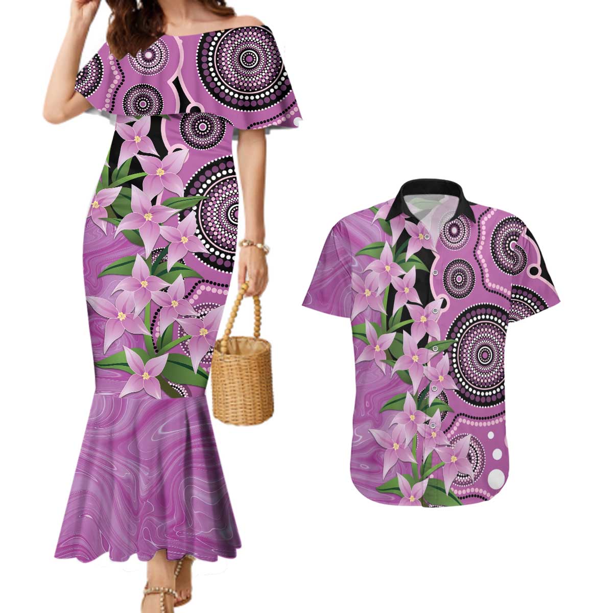Australia Boronia Couples Matching Mermaid Dress and Hawaiian Shirt Aussie Native Flowers Indigenous Art - Aussie Hoodie