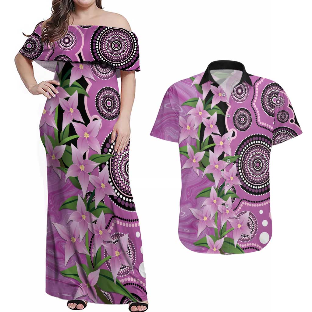 Australia Boronia Couples Matching Off Shoulder Maxi Dress and Hawaiian Shirt Aussie Native Flowers Indigenous Art - Aussie Hoodie