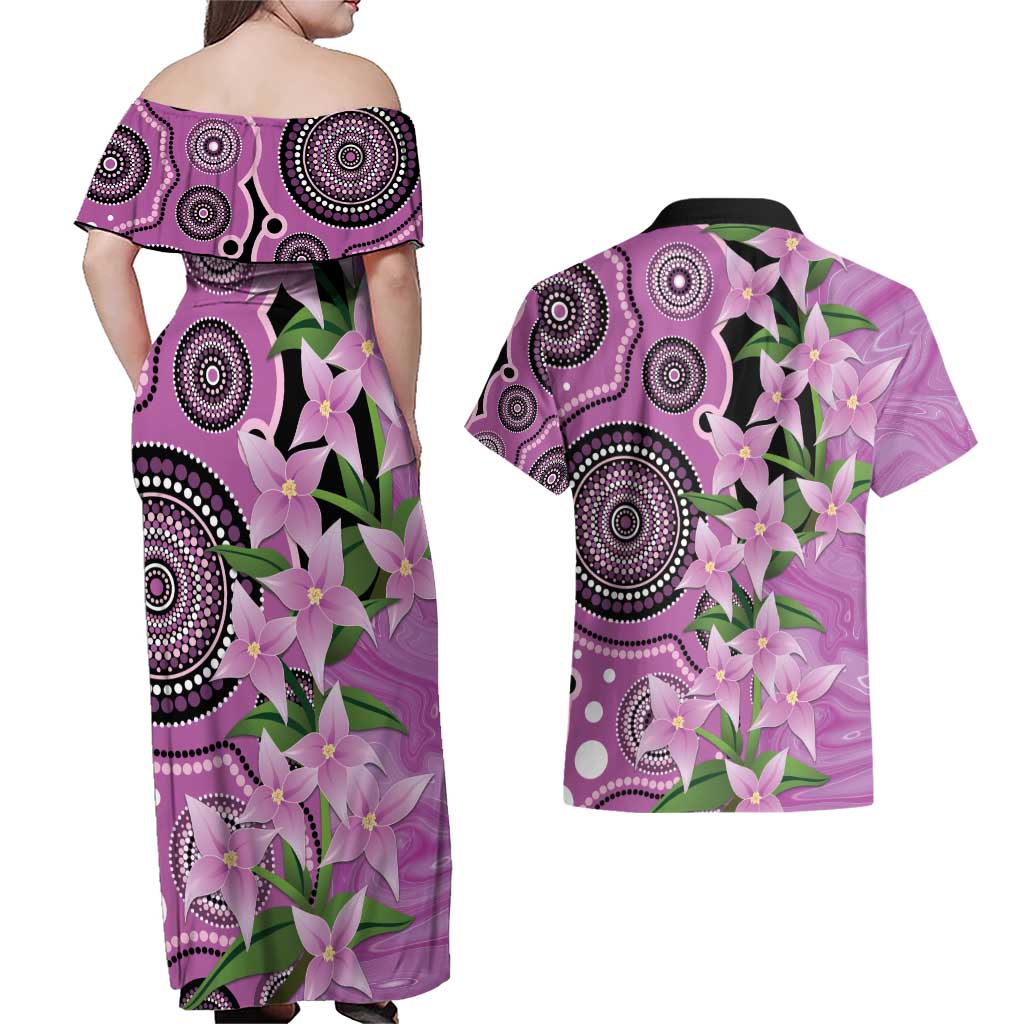 Australia Boronia Couples Matching Off Shoulder Maxi Dress and Hawaiian Shirt Aussie Native Flowers Indigenous Art - Aussie Hoodie