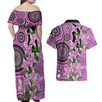 Australia Boronia Couples Matching Off Shoulder Maxi Dress and Hawaiian Shirt Aussie Native Flowers Indigenous Art - Aussie Hoodie