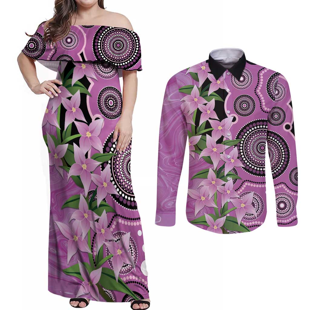 Australia Boronia Couples Matching Off Shoulder Maxi Dress and Long Sleeve Button Shirt Aussie Native Flowers Indigenous Art - Aussie Hoodie