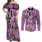 Australia Boronia Couples Matching Off Shoulder Maxi Dress and Long Sleeve Button Shirt Aussie Native Flowers Indigenous Art - Aussie Hoodie