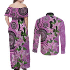 Australia Boronia Couples Matching Off Shoulder Maxi Dress and Long Sleeve Button Shirt Aussie Native Flowers Indigenous Art - Aussie Hoodie