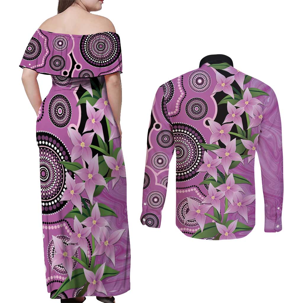 Australia Boronia Couples Matching Off Shoulder Maxi Dress and Long Sleeve Button Shirt Aussie Native Flowers Indigenous Art - Aussie Hoodie