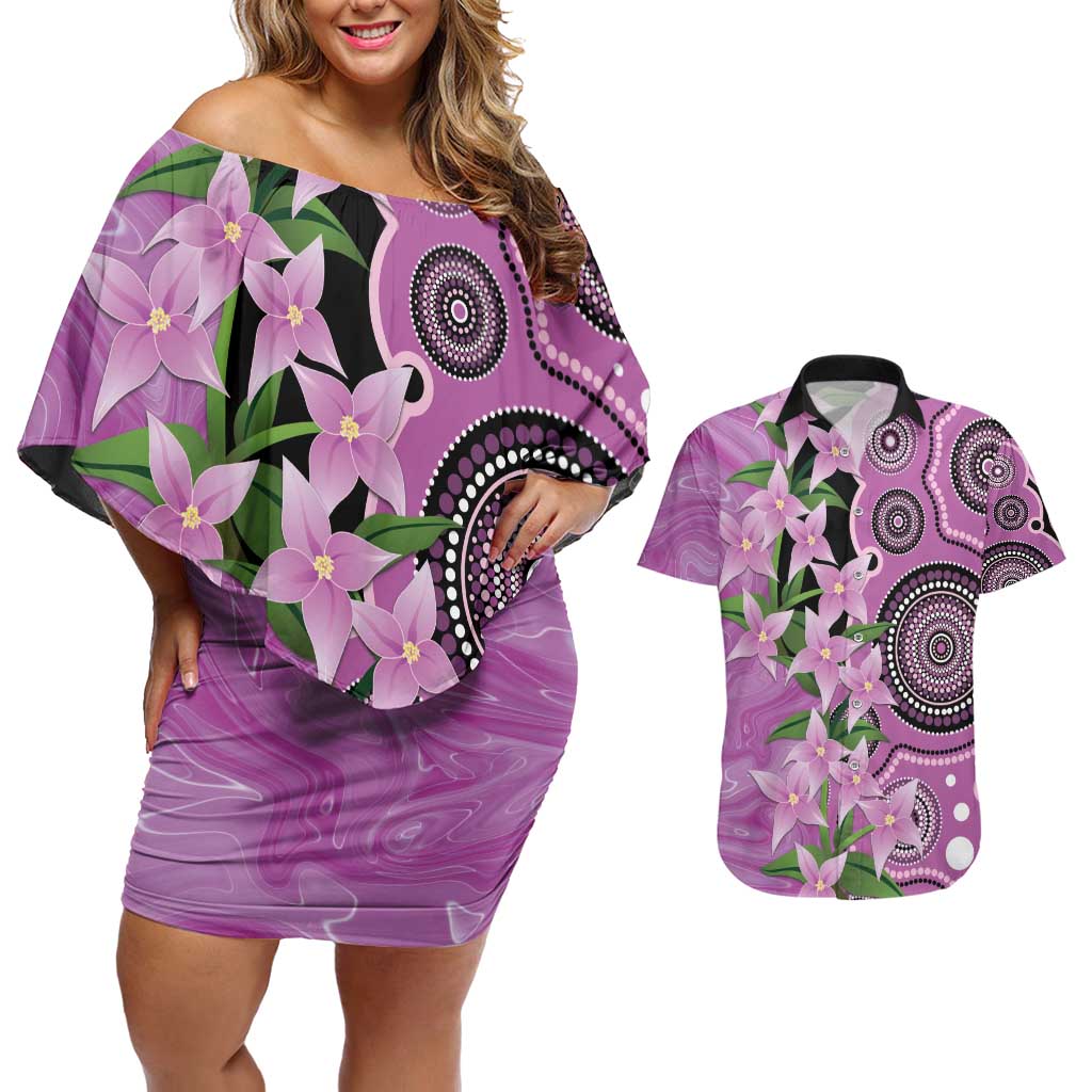 Australia Boronia Couples Matching Off Shoulder Short Dress and Hawaiian Shirt Aussie Native Flowers Indigenous Art - Aussie Hoodie