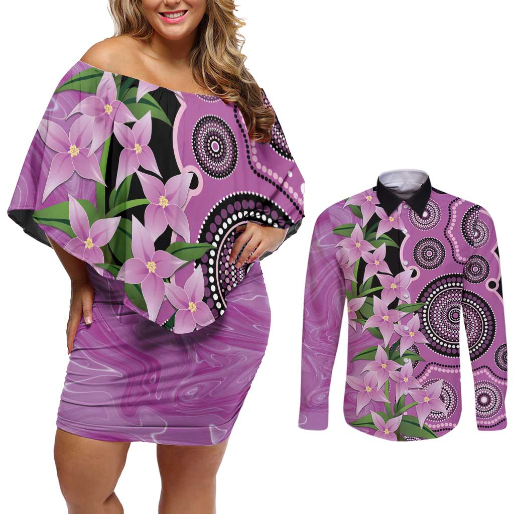 Australia Boronia Couples Matching Off Shoulder Short Dress and Long Sleeve Button Shirt Aussie Native Flowers Indigenous Art - Aussie Hoodie