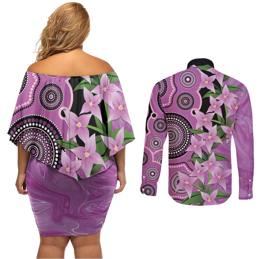 Australia Boronia Couples Matching Off Shoulder Short Dress and Long Sleeve Button Shirt Aussie Native Flowers Indigenous Art - Aussie Hoodie