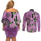 Australia Boronia Couples Matching Off Shoulder Short Dress and Long Sleeve Button Shirt Aussie Native Flowers Indigenous Art - Aussie Hoodie