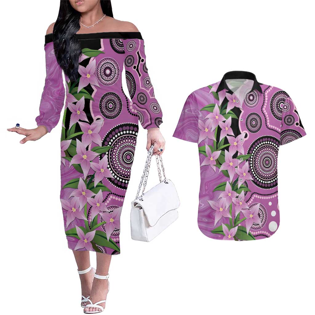 Australia Boronia Couples Matching Off The Shoulder Long Sleeve Dress and Hawaiian Shirt Aussie Native Flowers Indigenous Art - Aussie Hoodie