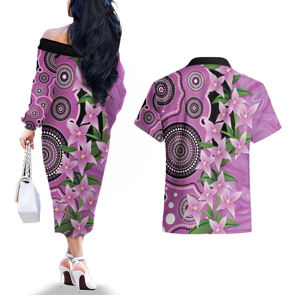 Australia Boronia Couples Matching Off The Shoulder Long Sleeve Dress and Hawaiian Shirt Aussie Native Flowers Indigenous Art - Aussie Hoodie