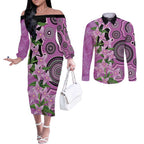 Australia Boronia Couples Matching Off The Shoulder Long Sleeve Dress and Long Sleeve Button Shirt Aussie Native Flowers Indigenous Art - Aussie Hoodie
