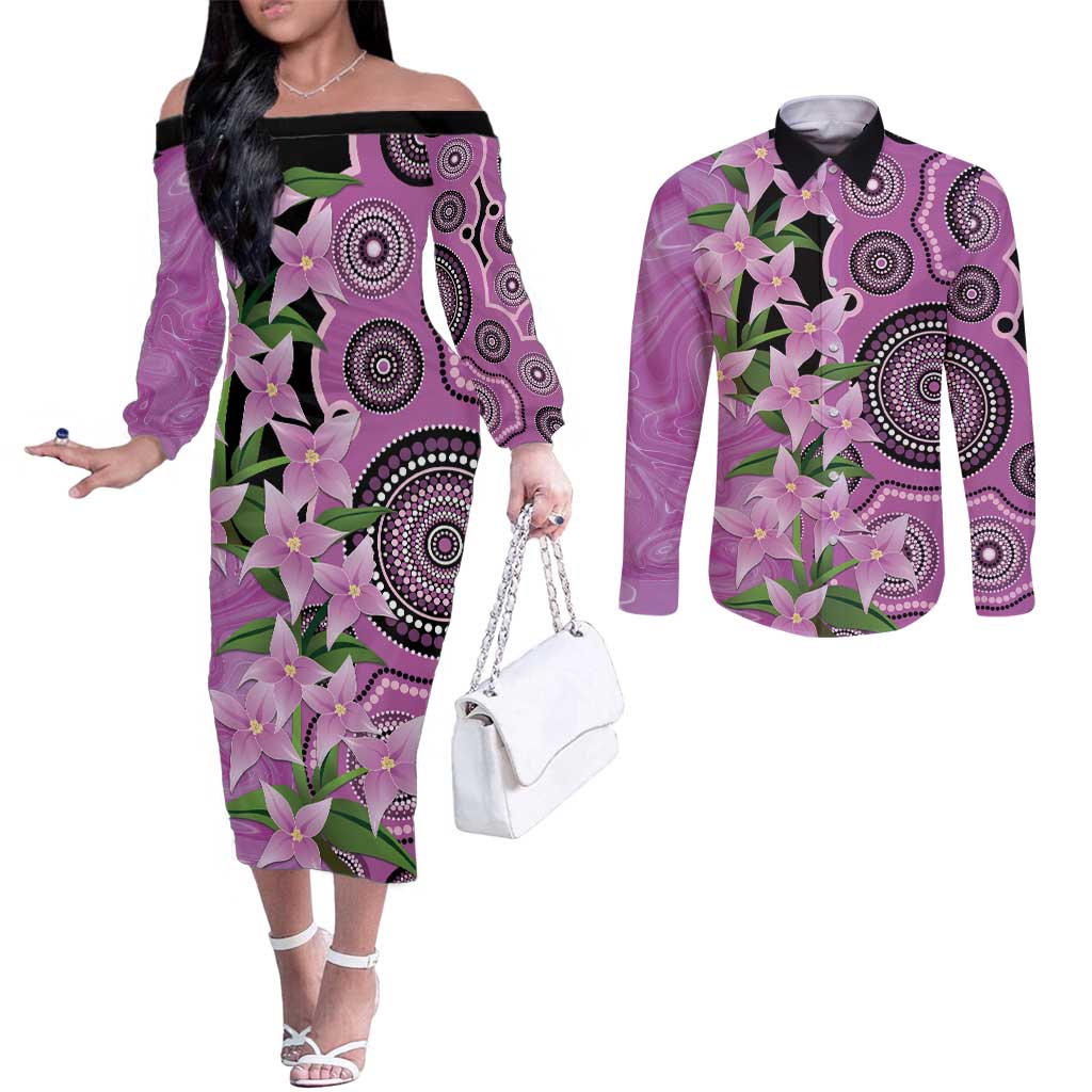 Australia Boronia Couples Matching Off The Shoulder Long Sleeve Dress and Long Sleeve Button Shirt Aussie Native Flowers Indigenous Art - Aussie Hoodie