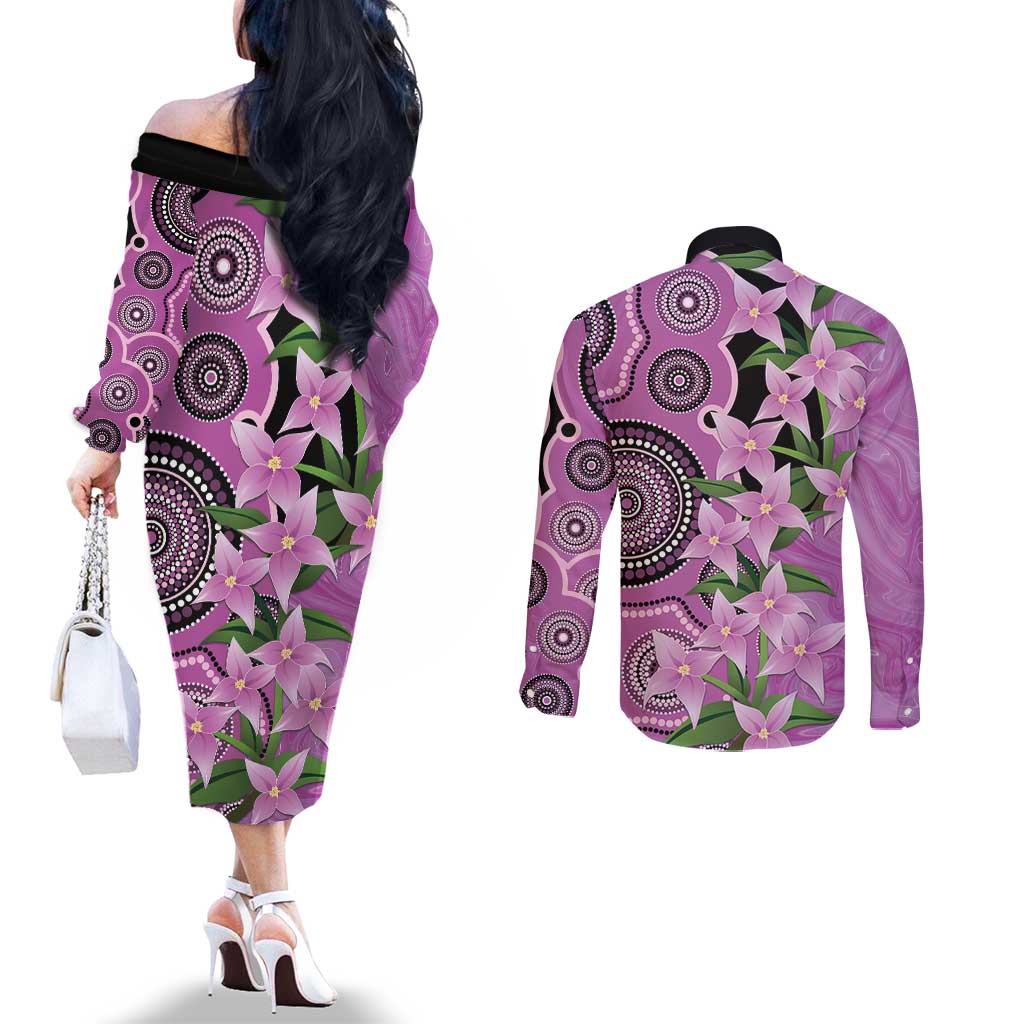 Australia Boronia Couples Matching Off The Shoulder Long Sleeve Dress and Long Sleeve Button Shirt Aussie Native Flowers Indigenous Art - Aussie Hoodie