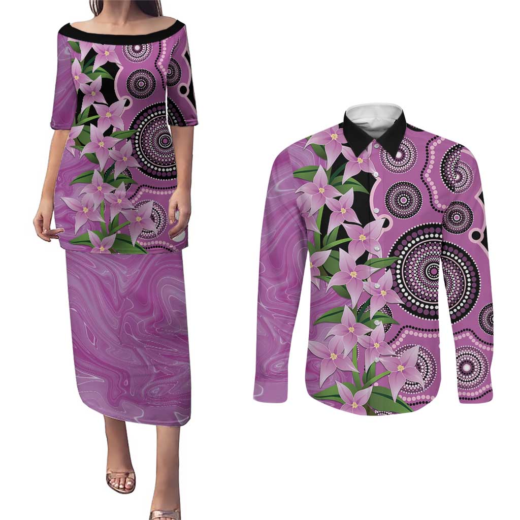 Australia Boronia Couples Matching Puletasi and Long Sleeve Button Shirt Aussie Native Flowers Indigenous Art - Aussie Hoodie