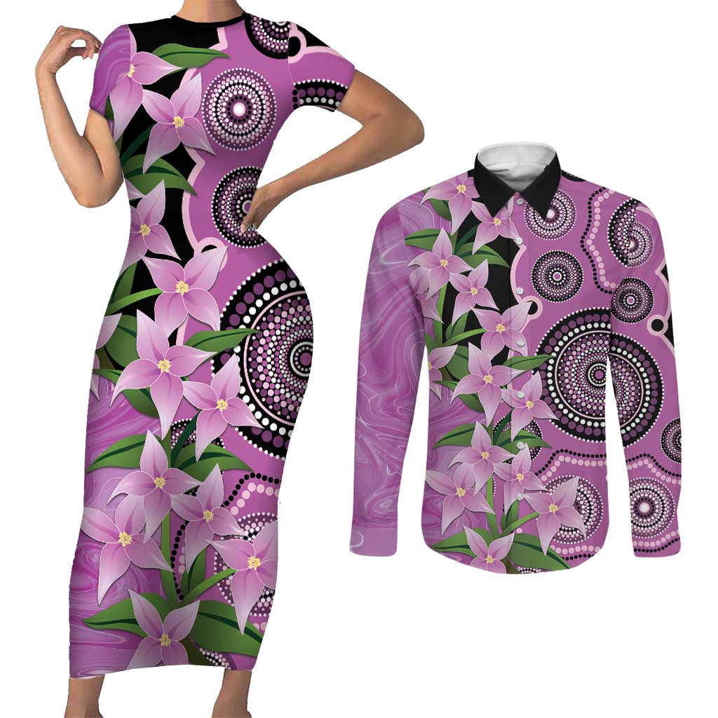 Australia Boronia Couples Matching Short Sleeve Bodycon Dress and Long Sleeve Button Shirt Aussie Native Flowers Indigenous Art - Aussie Hoodie