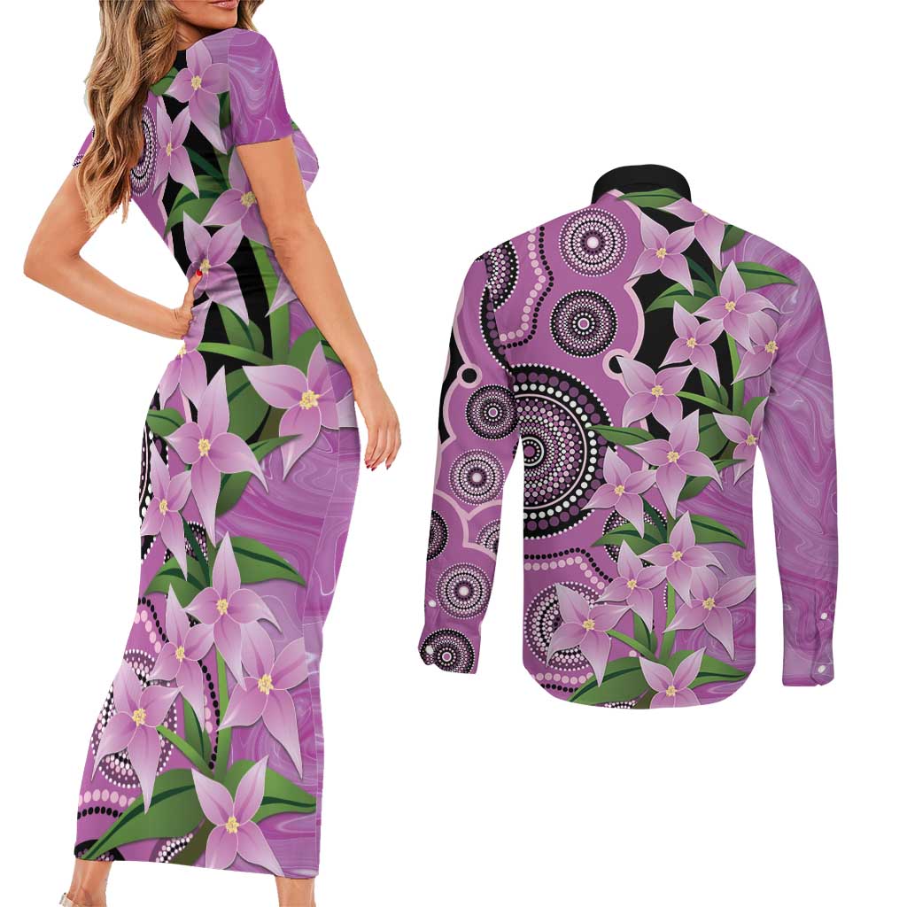 Australia Boronia Couples Matching Short Sleeve Bodycon Dress and Long Sleeve Button Shirt Aussie Native Flowers Indigenous Art - Aussie Hoodie