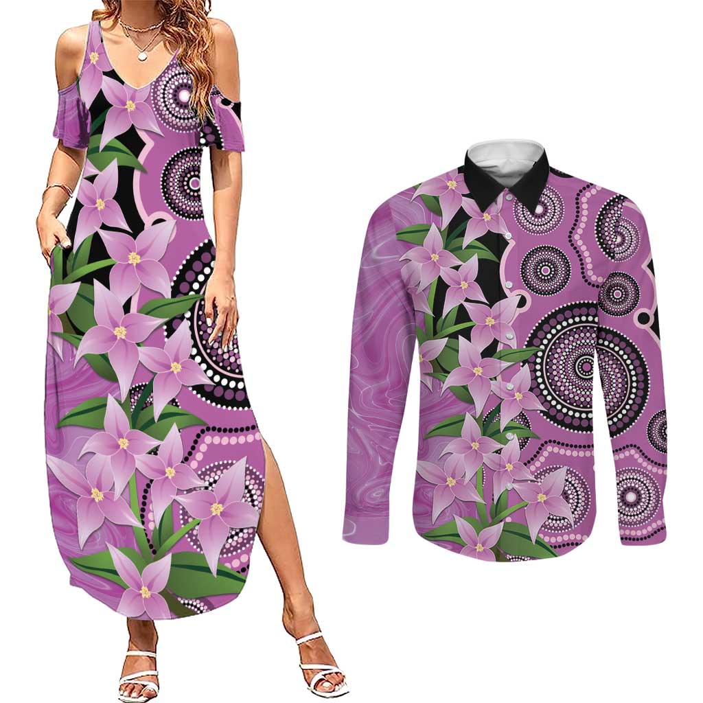 Australia Boronia Couples Matching Summer Maxi Dress and Long Sleeve Button Shirt Aussie Native Flowers Indigenous Art - Aussie Hoodie