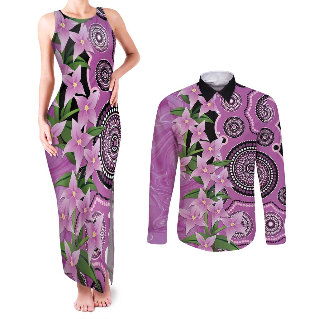Australia Boronia Couples Matching Tank Maxi Dress and Long Sleeve Button Shirt Aussie Native Flowers Indigenous Art - Aussie Hoodie