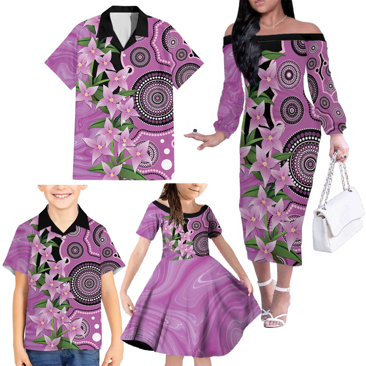 Australia Boronia Family Matching Off The Shoulder Long Sleeve Dress and Hawaiian Shirt Aussie Native Flowers Indigenous Art - Aussie Hoodie