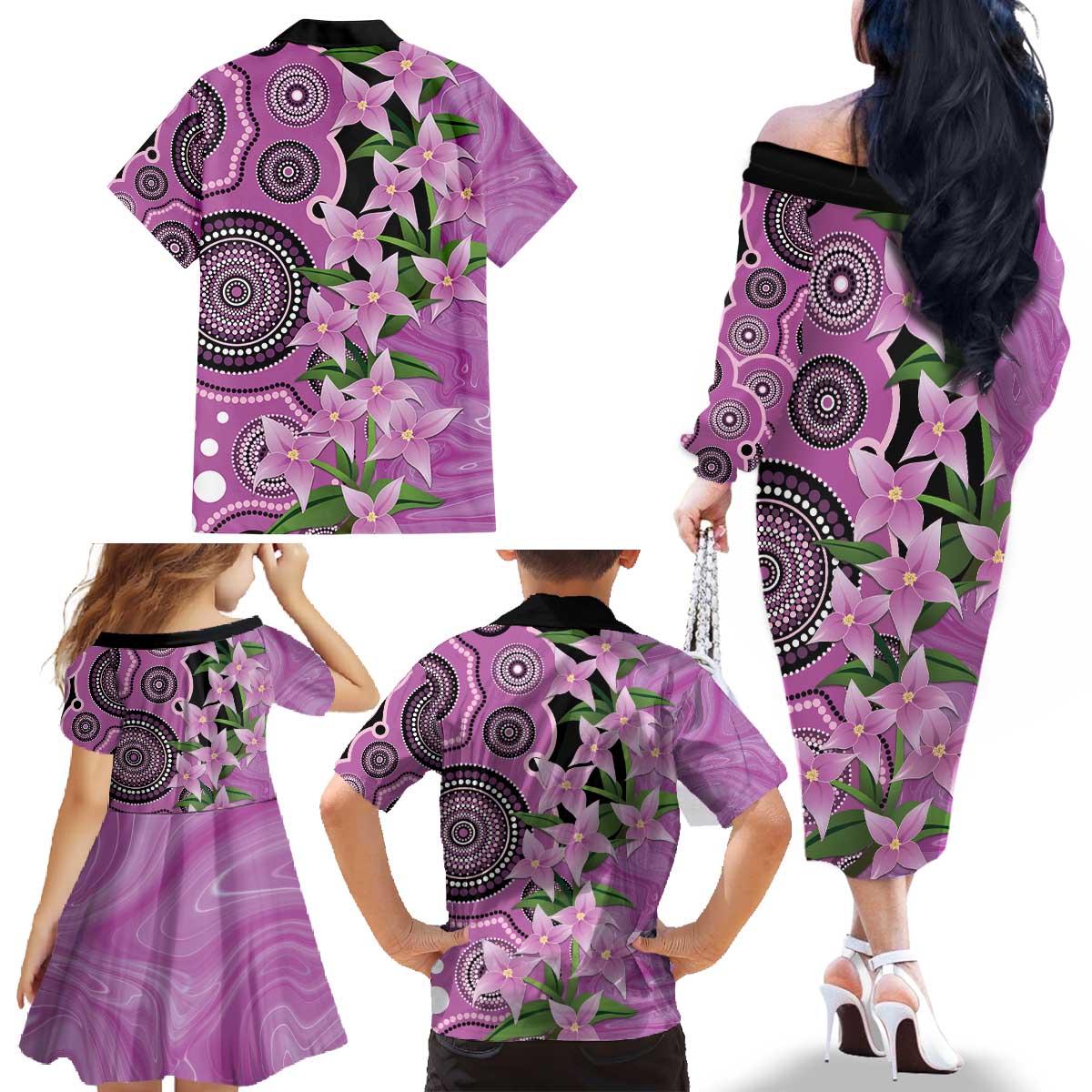 Australia Boronia Family Matching Off The Shoulder Long Sleeve Dress and Hawaiian Shirt Aussie Native Flowers Indigenous Art - Aussie Hoodie