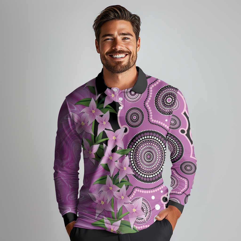 Australia Boronia Long Sleeve Polo Shirt Aussie Native Flowers Indigenous Art - Aussie Hoodie