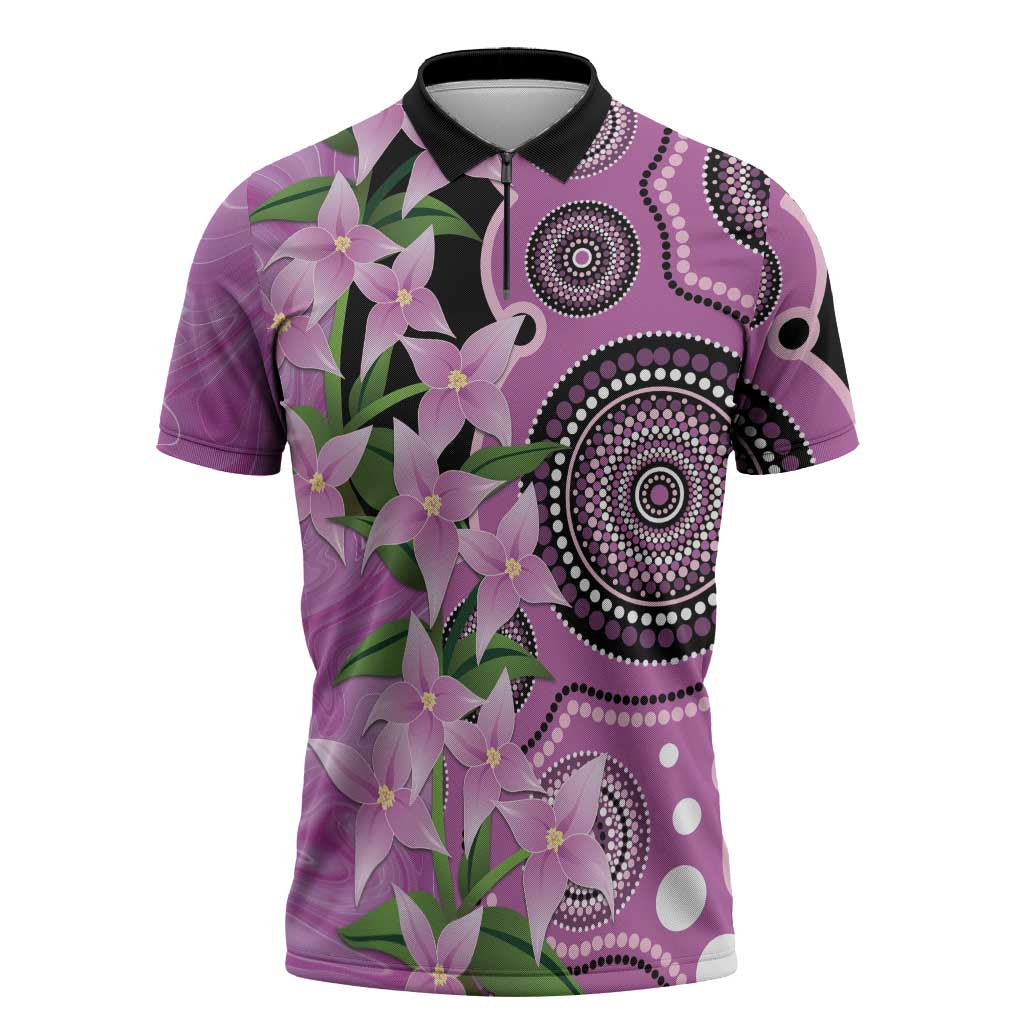 Australia Boronia Zipper Polo Shirt Aussie Native Flowers Indigenous Art - Aussie Hoodie