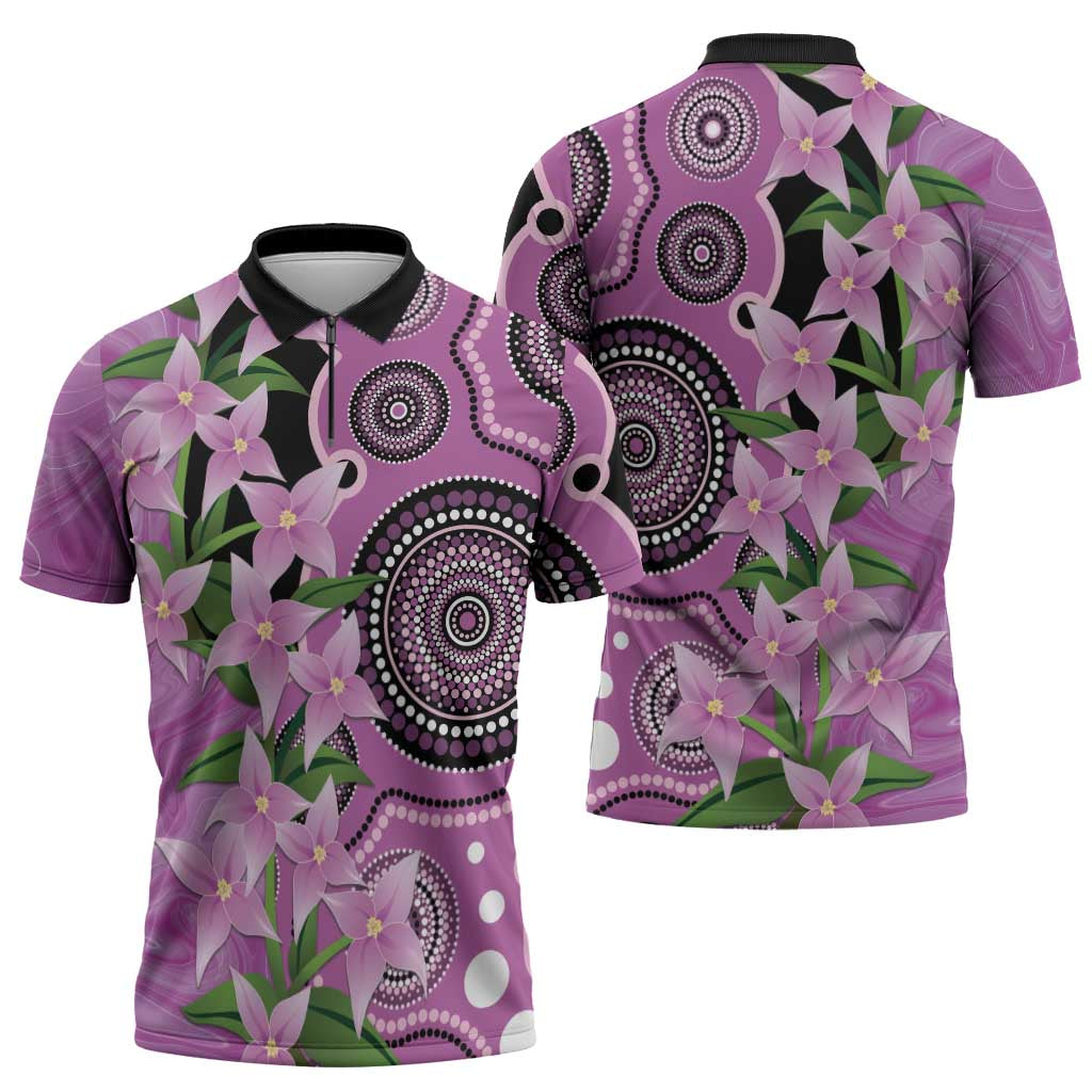 Australia Boronia Zipper Polo Shirt Aussie Native Flowers Indigenous Art - Aussie Hoodie