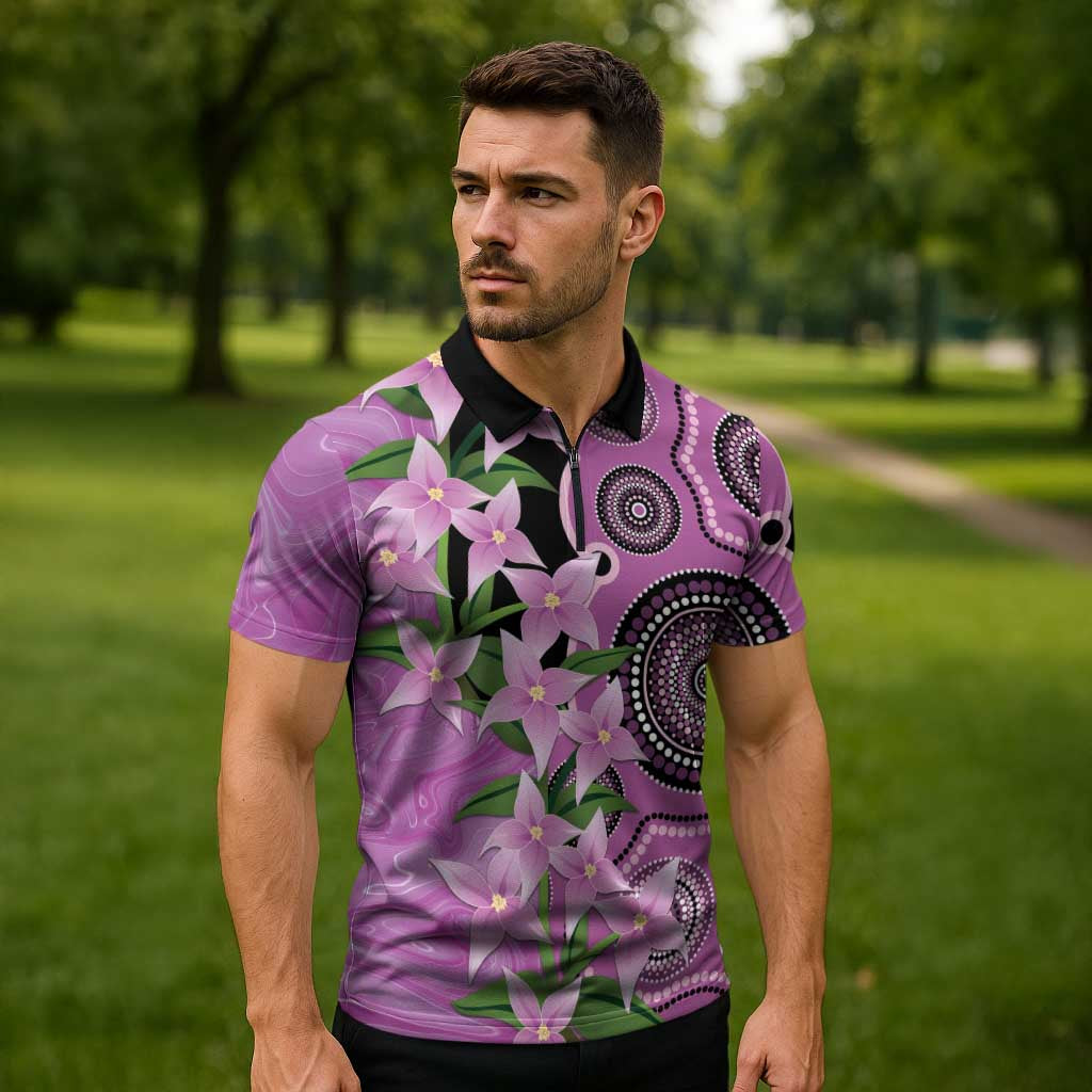 Australia Boronia Zipper Polo Shirt Aussie Native Flowers Indigenous Art - Aussie Hoodie