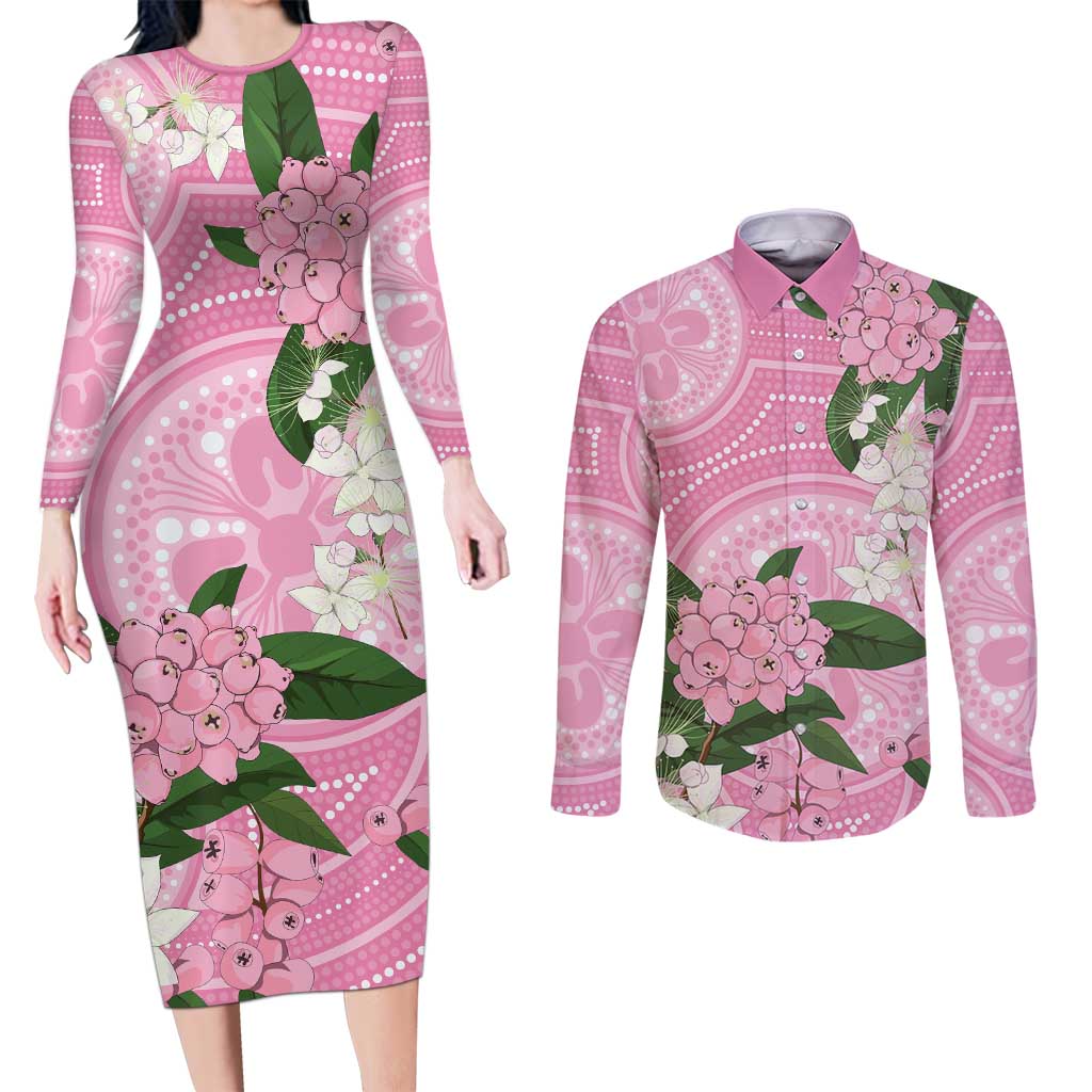 Australia Lilly Pilly Riberry Couples Matching Long Sleeve Bodycon Dress and Long Sleeve Button Shirt Aussie Native Flowers Indigenous Art - Aussie Hoodie