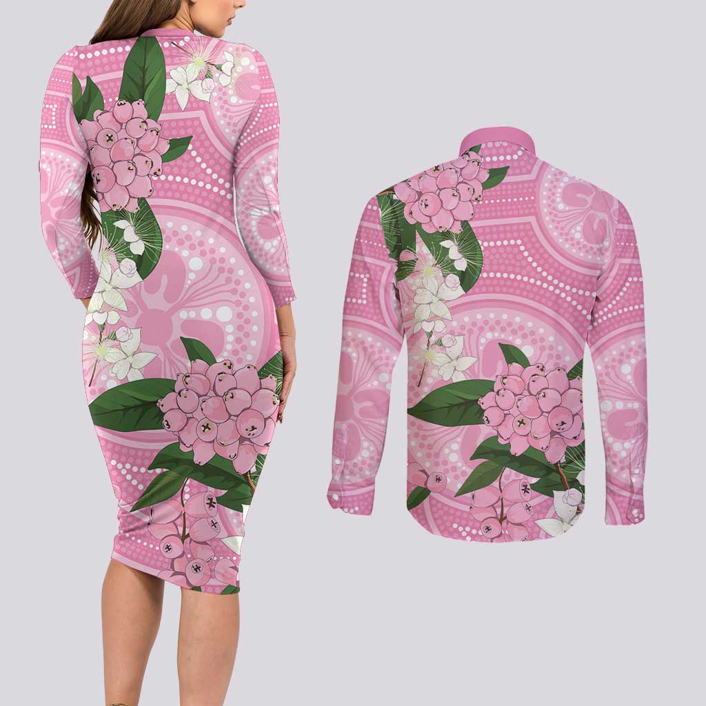 Australia Lilly Pilly Riberry Couples Matching Long Sleeve Bodycon Dress and Long Sleeve Button Shirt Aussie Native Flowers Indigenous Art - Aussie Hoodie