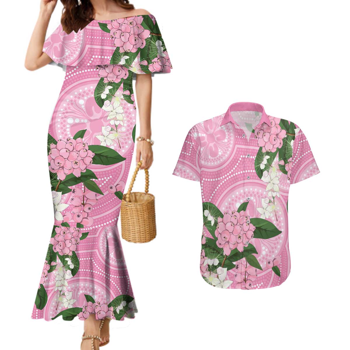 Australia Lilly Pilly Riberry Couples Matching Mermaid Dress and Hawaiian Shirt Aussie Native Flowers Indigenous Art - Aussie Hoodie