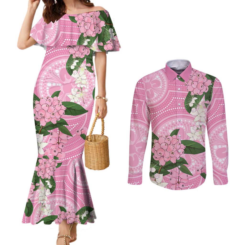Australia Lilly Pilly Riberry Couples Matching Mermaid Dress and Long Sleeve Button Shirt Aussie Native Flowers Indigenous Art - Aussie Hoodie