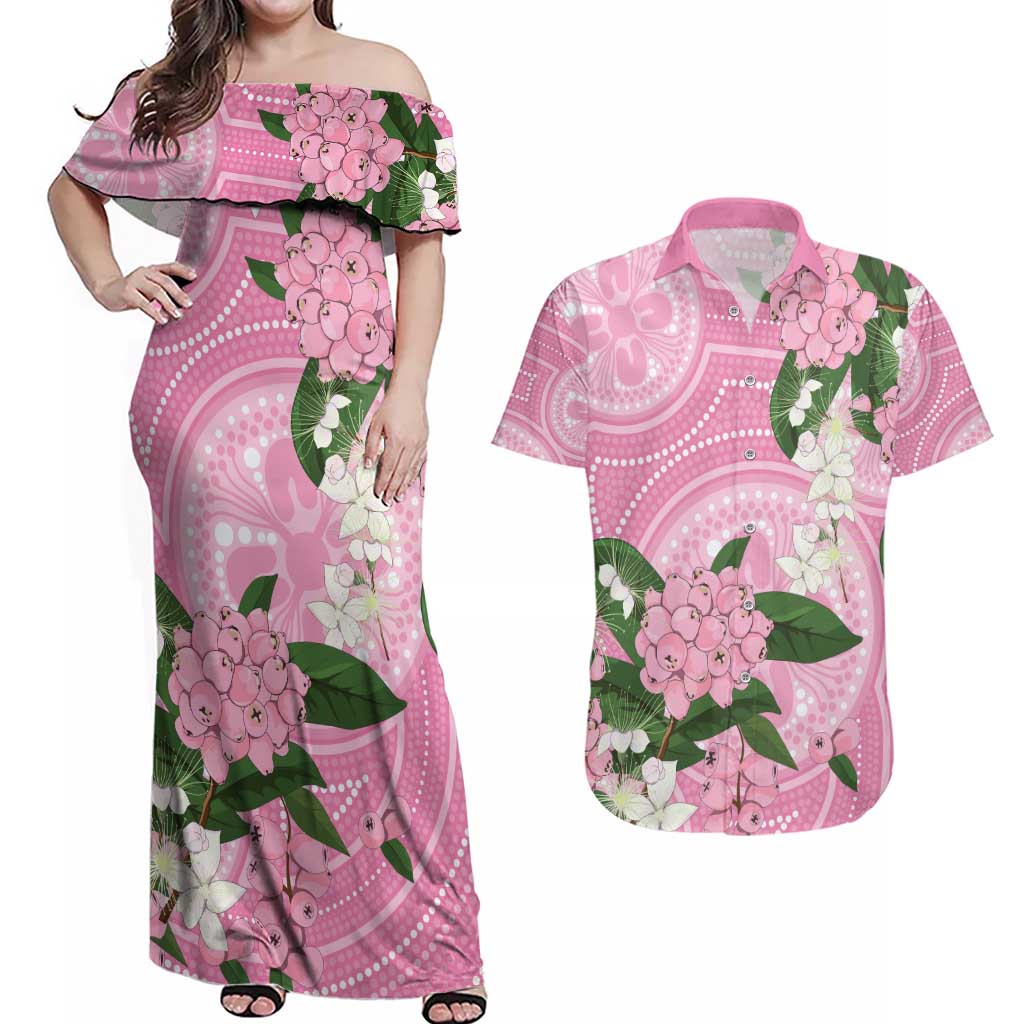 Australia Lilly Pilly Riberry Couples Matching Off Shoulder Maxi Dress and Hawaiian Shirt Aussie Native Flowers Indigenous Art - Aussie Hoodie