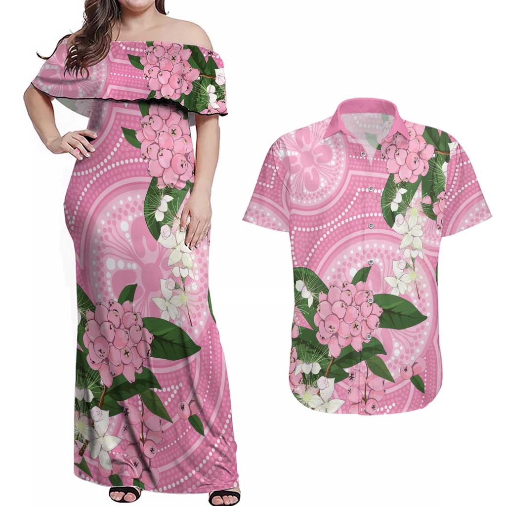 Australia Lilly Pilly Riberry Couples Matching Off Shoulder Maxi Dress and Hawaiian Shirt Aussie Native Flowers Indigenous Art - Aussie Hoodie
