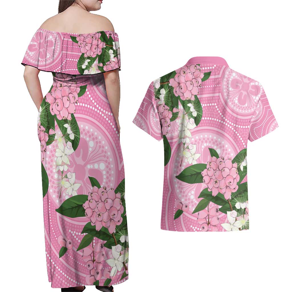 Australia Lilly Pilly Riberry Couples Matching Off Shoulder Maxi Dress and Hawaiian Shirt Aussie Native Flowers Indigenous Art - Aussie Hoodie